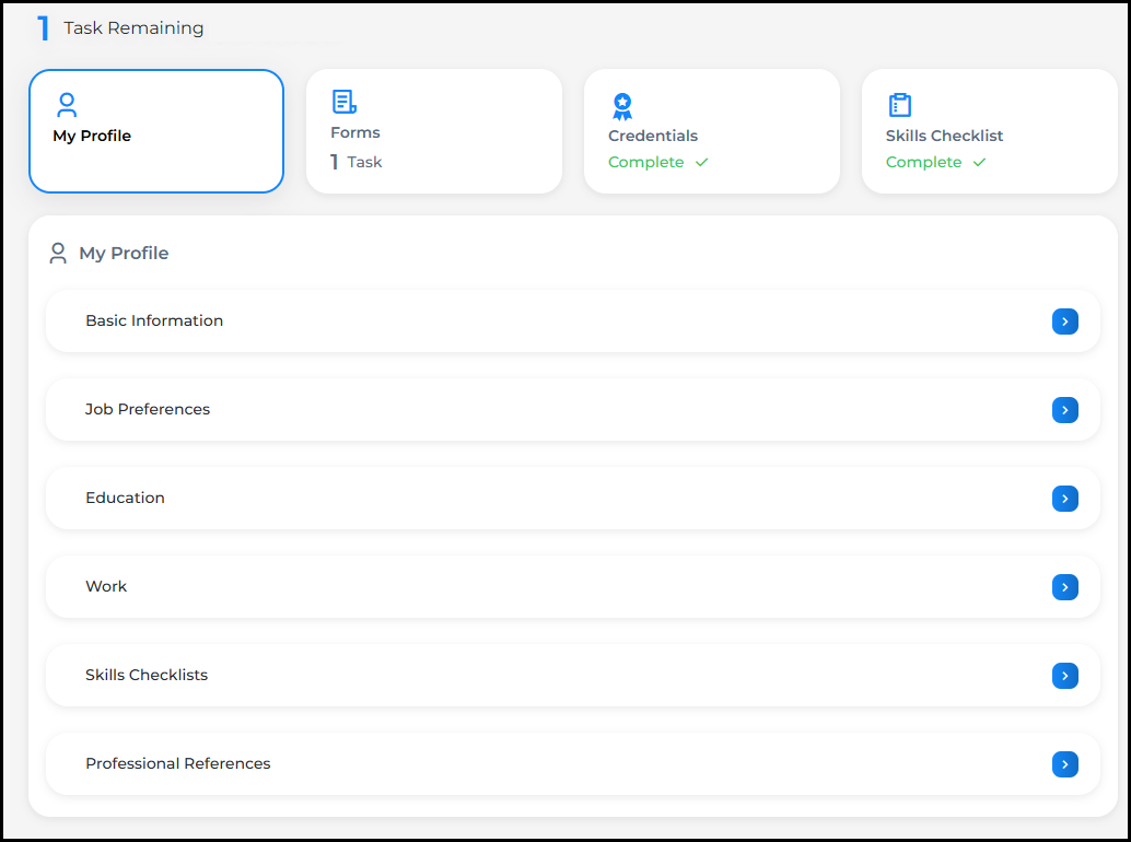The My Profile section of the home page showing editable profile categories